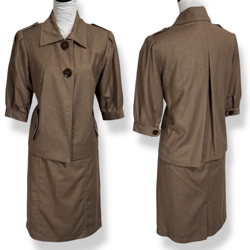 Vintage Harve Benard Skirt Suit Set Size 12 Brown Safari Epaulettes Pleated 2 PC